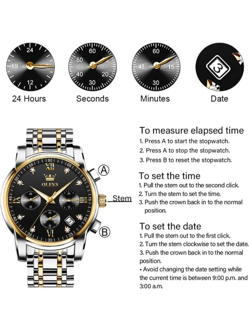 Men's Black Face/Two Tone Strap Stainless Steel Chronograph Waterproof  Watch